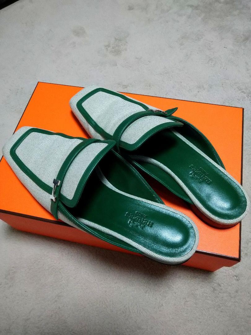 Hermès Green Canvas Mules Womens Size 7 US 38 Excellent Condition