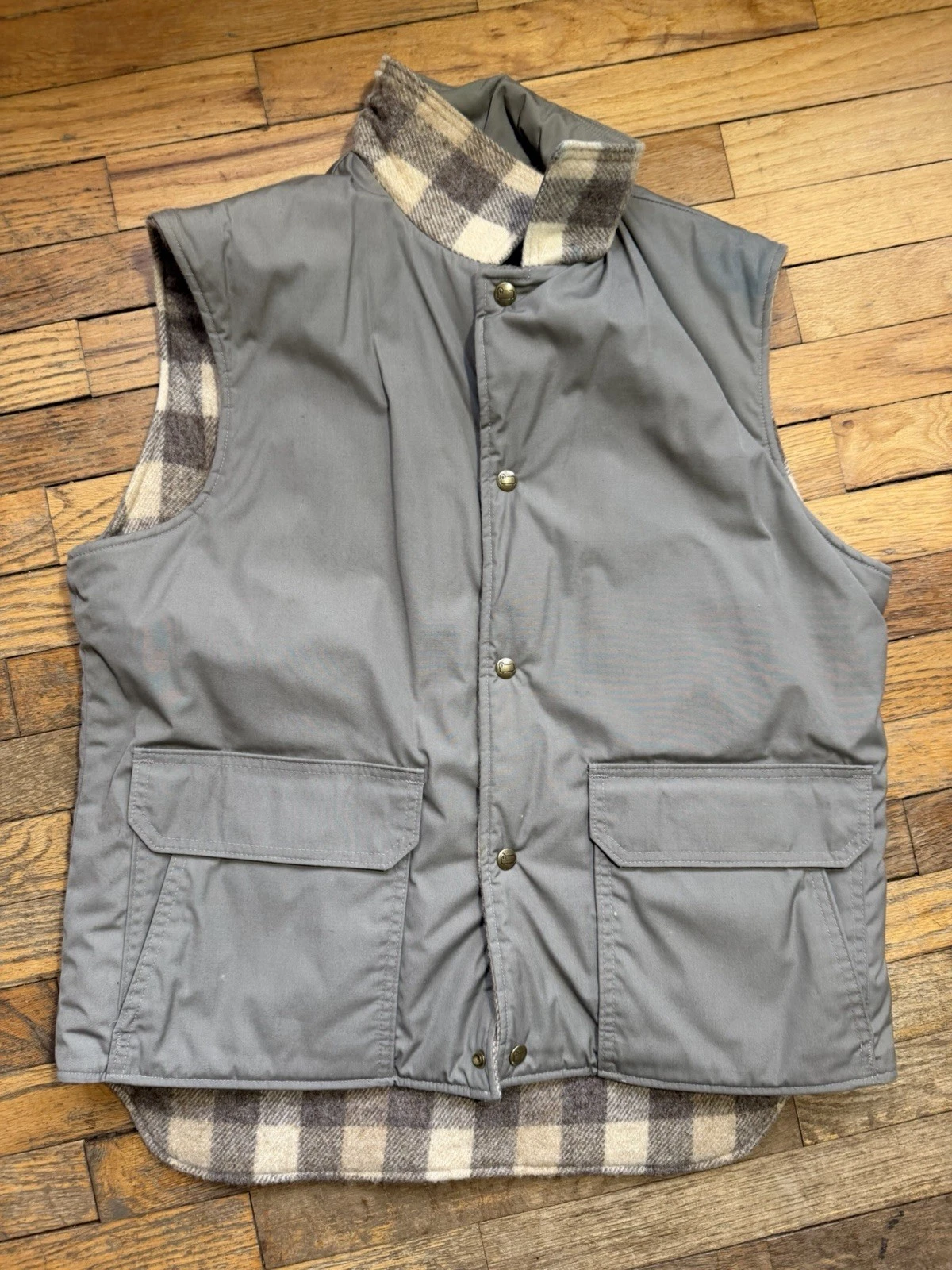 Vintage Woolrich TAN GRAY Wool Canvas VEST Plaid Flannel Reversible Gorpcore Men