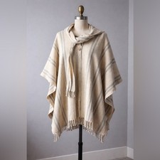Vintage Wool Striped Fringed Necktie Poncho Cape One Size