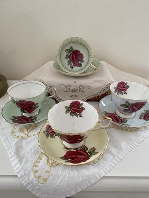 Paragon Signed R Johnson Red  Floating  Cabbage Rose Lot of 4 Sets Tea Cups