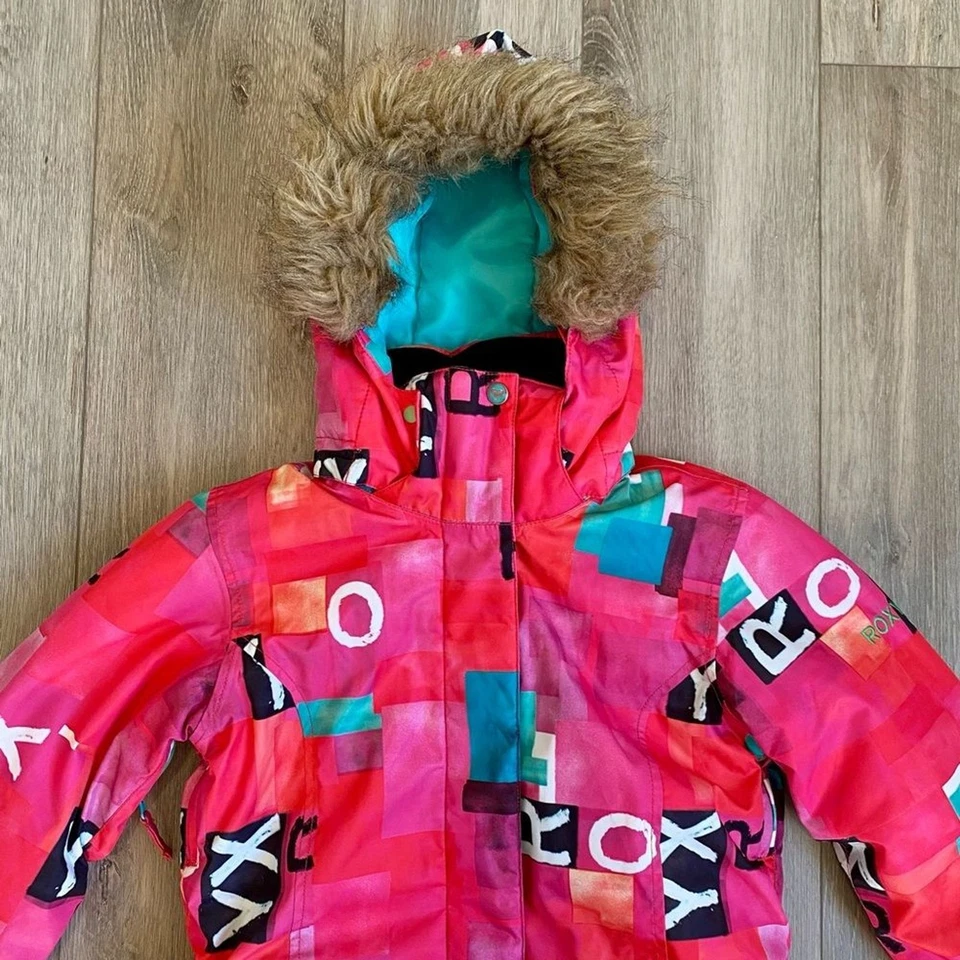 Roxy Pink and Teal Girls Ski Snowboarding Winter Jacket Removable Hood - Image 4 of 4