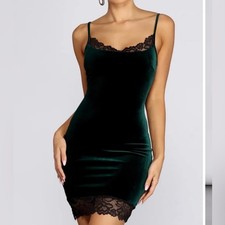 Windsor Vixen Dress Green Velvet Slip Dress Black Lace Bodycon Whimsigoth Y2K