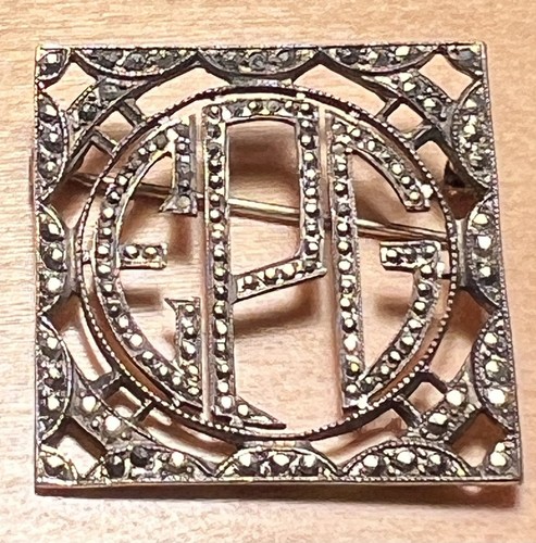 Vtg Art Deco Square Marcasite Sterling Silver Monogram Brooch Initials EPG