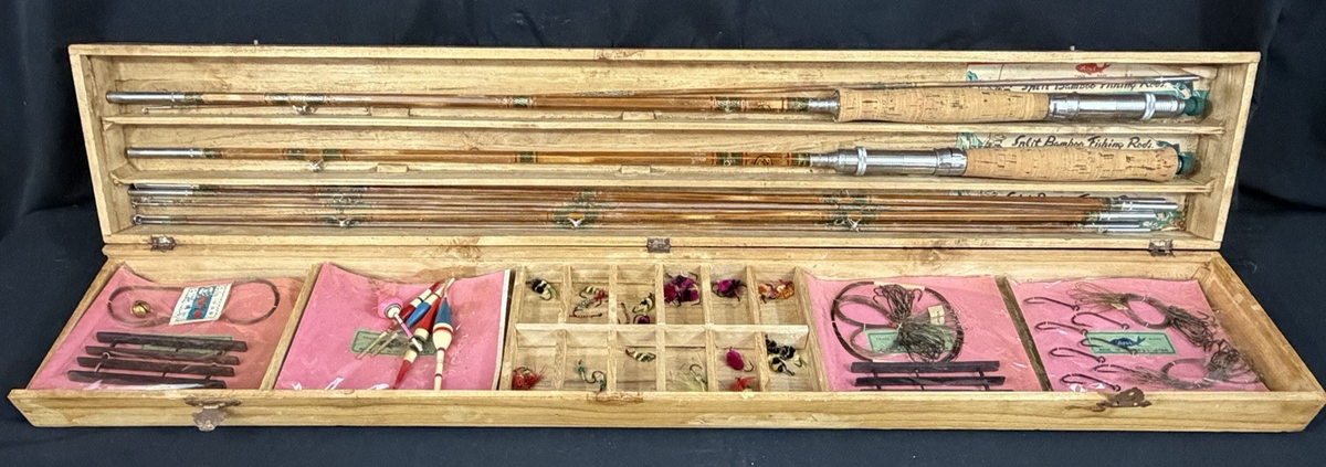 Vintage ARAI, Japanese Split Bamboo Fishing Rod Two Rod Set with