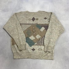 Vintage Abstract Knitted Jumper Patterned Grandad Knit Sweater Men's Xl