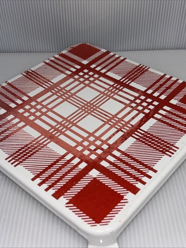Vintage French Square Enameled Red Plaid Footed Trivet For Hot Dishes/Decor - Picture 8 of 11