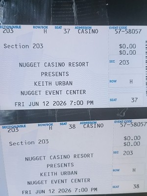 2-Keith Urban Tickets Jun 12 2026 7:00 PM Nugget Event Center Sec 203 Row H