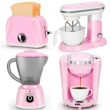 Pink Play Kitchen Appliances Toy Set with Coffee Maker Machine, Kitchen Playset