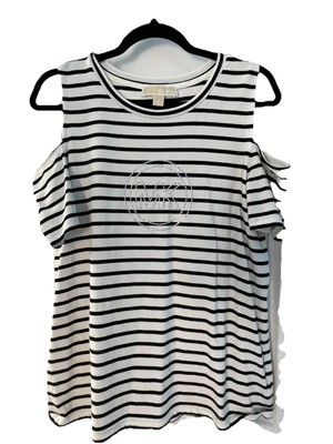 Michael Kors Women s Cold Shoulder Top M   Black White Stripe Rhinestone MK Logo