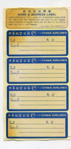 Pegatina de etiqueta de equipaje vintage de aerolínea CHINA AIRLINES nombre y dirección hoja de etiqueta - Imagen 1 de 2
