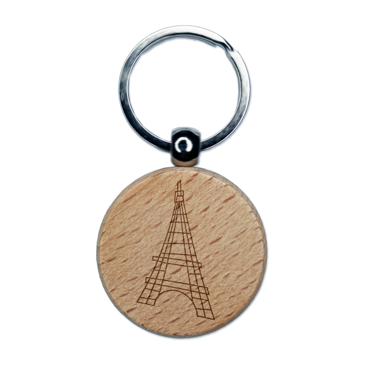 Eiffel Tower Paris France Doodle Engraved Wood Round Keychain Tag Charm