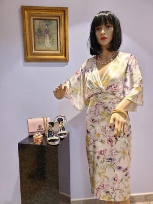 THEIA PRINTED CHARMEUSE KIMONO SLEEVE DRESS SIZE