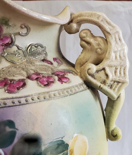 CHINESE URN Moriage Modern Floral Stoneware Figural Handles Serpentine Top 16.5" - Picture 7 of 17