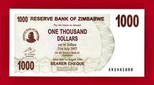 ULTRA-RARE (in UNC Condition) 1,000 DOLLARS BEARER CHEQUE 2006 ZIMBABWE UNC NOTE