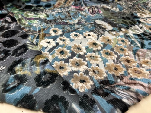 FLORAL TROPICAL VELVET UPHOLSTERY FABRIC DESIGNER MATERIAL 140CM WIDE blue/grey - Picture 8 of 8
