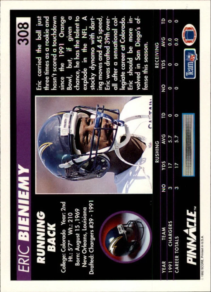 1992 Pinnacle #308 Eric Bieniemy - NM - Image 2 of 2