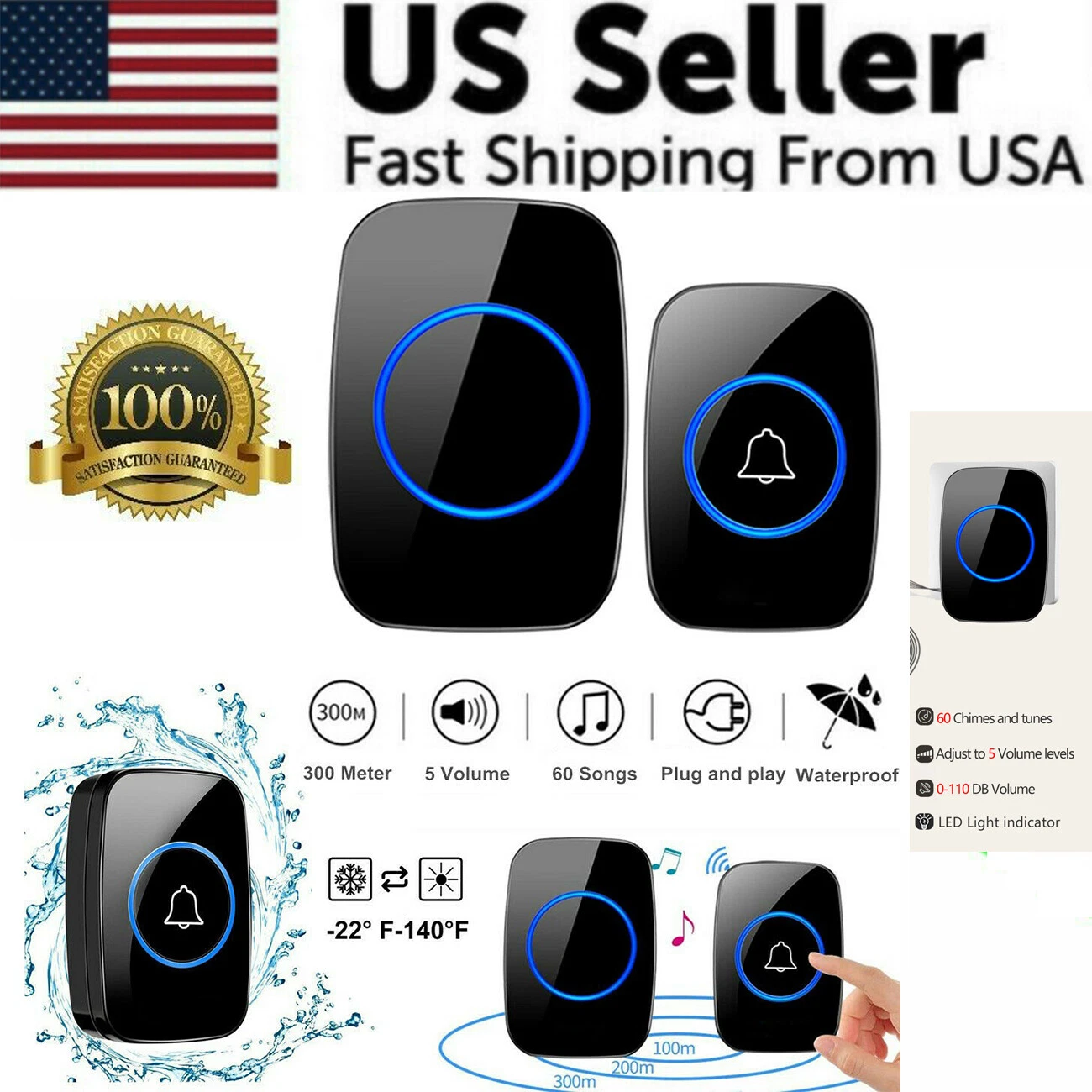 Wireless Doorbell Waterproof Door Bell Kit Home House Ring Bell 1000FT Kit Wireless Doorbell Waterproof Door Bell Kit Home House Ring Bell 1000FT Kit