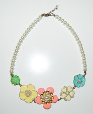Colorful enamel floral necklace with faux pearls 20" - 22"