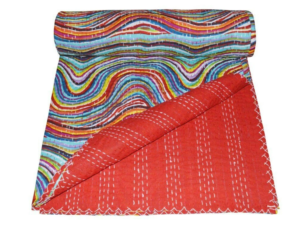 Indian Handmade Quilt Vintage Kantha Bedspread Throw Cotton Blanket Queen Gudri - Image 2 of 4