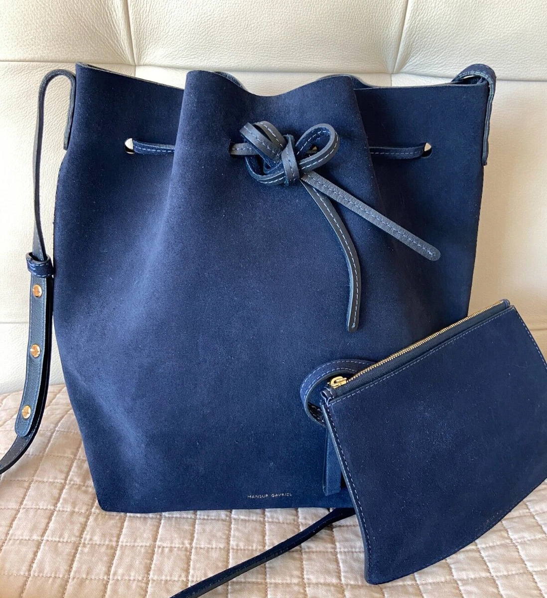 Mansur Gavriel Navy Blue Suede Shoulder Drawstring Bucket Bag