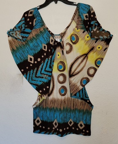 MKM Designs Women's Multicolor Ethnic Print Off-the-Shoulder Loose Blouse Size M