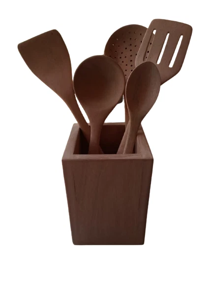 MAHOGANY WOODEN SPOON 5 pcs set with Holder/Kitchen Tools/Natural Eco Handcraft