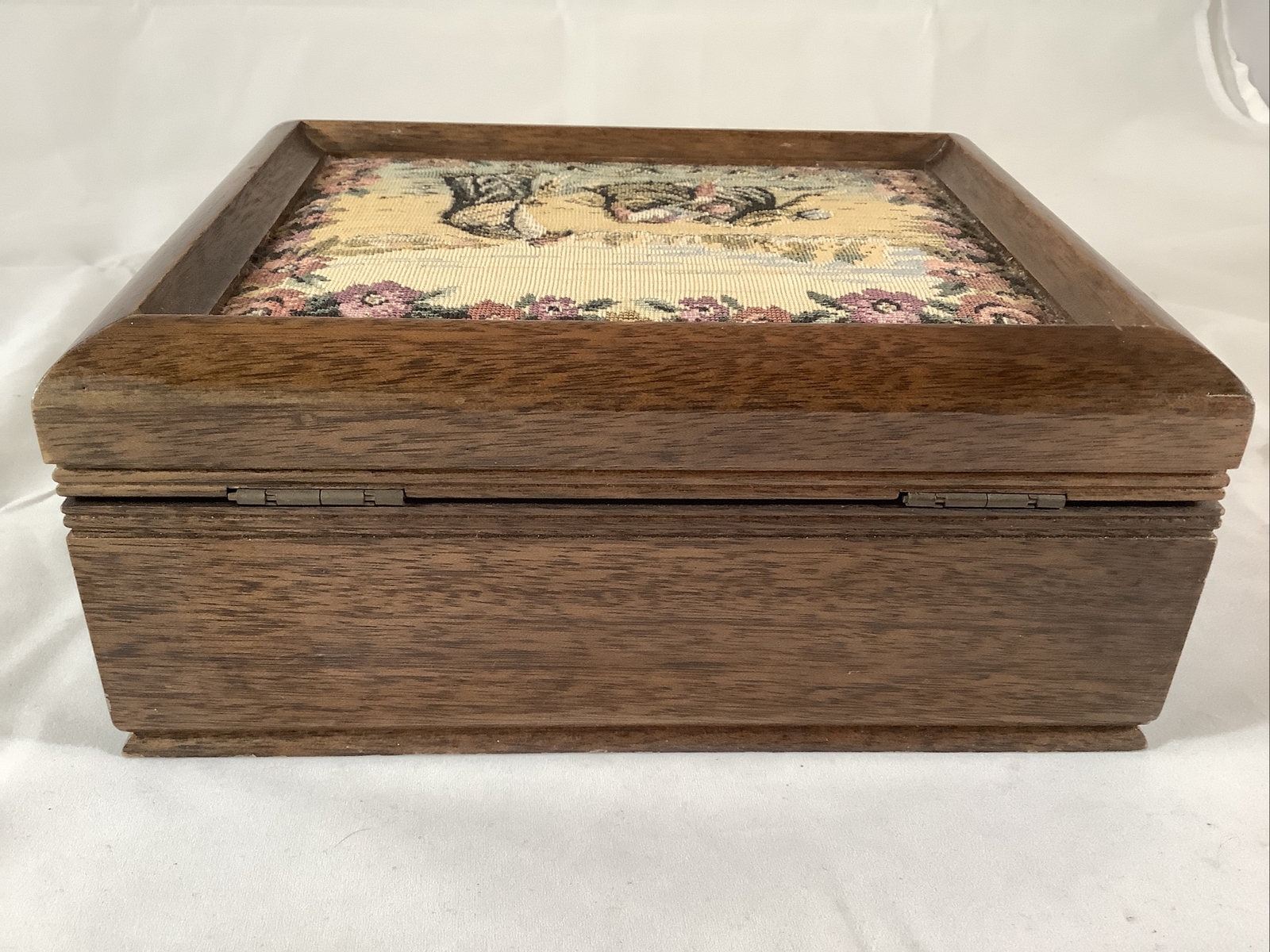 Vintage Wooden Tapestry Jewelry Box Women Working Farm Field Labor