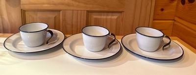 VTG Set of 3 Cobalt  Blue & White Enamelware Sweden Farmhouse Cups & Saucers