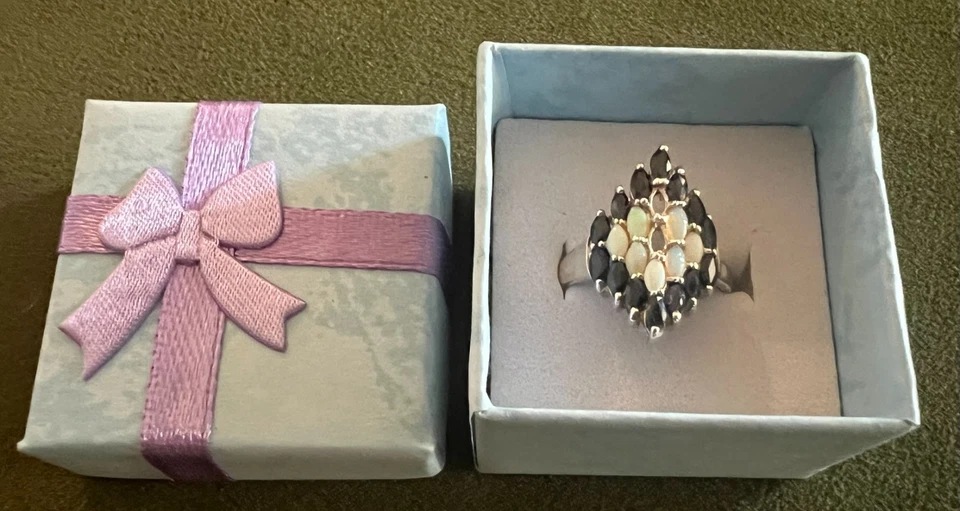 Anillo de plata de ley 925 Tailandia con racimo de ópalo y zafiro joya de cóctel vintage Foto 3 de 4