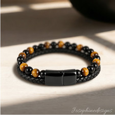 Natural Obsidian Tiger's Eye Bracelet Men 2 Strand Healing Protection Jewelry