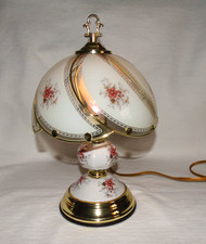 1990's Touch Lamp Glass Shade Brass Base Porcelain Body Works Perfect