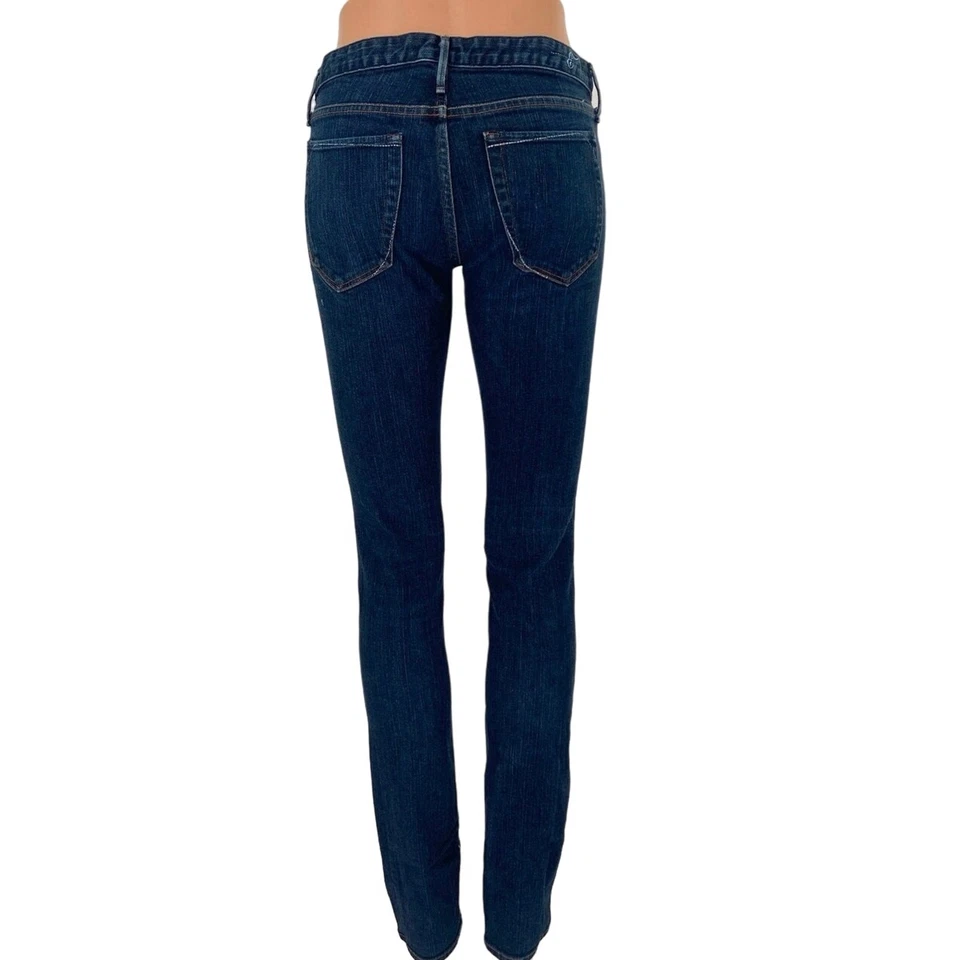 Pantalones de mezclilla Earnest cosidos para mujer azul lavado oscuro tiro bajo ajustados tobillo elásticos 28 Foto 3 de 4