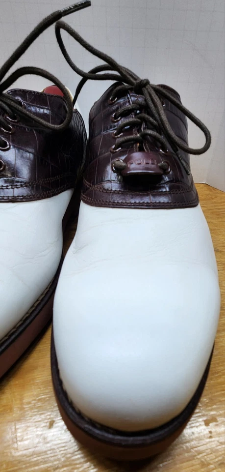 Tênis de golfe Oxford masculino Polo Ralph Lauren sela 11D marrom jacaré/couro branco - Imagem 4 de 4