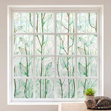 Decorative Privacy Window Film Green Rainbow Leaf Stained Glass Door Clings S...