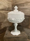Vintage Fenton White Hobnail Milk Glass Pedestal Covered Candy Dish w/ Lid Roses