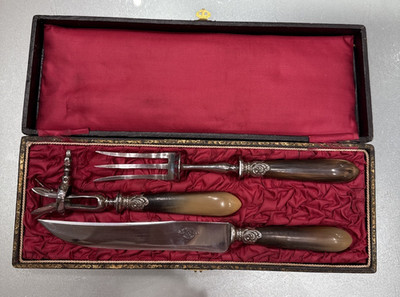 P. Bechon Gironde, Fleisch Servier Besteck Messer & Gabel Horngriff, Vintage