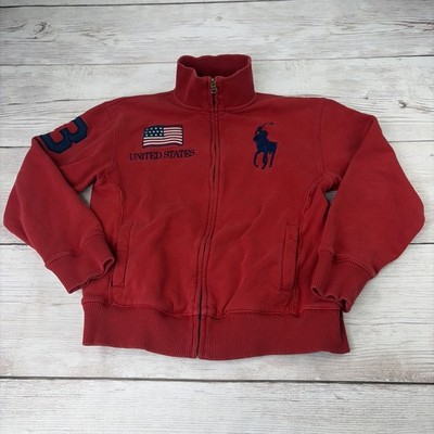 Vintage Ralph Lauren Polo Big Pony # 3 USA Front Back Full Zip Red Youth M 12/14