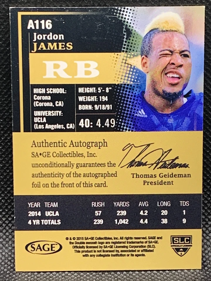 2015 SAGE HIT #A116 Jordon James Autographs Black! - Image 2 of 2