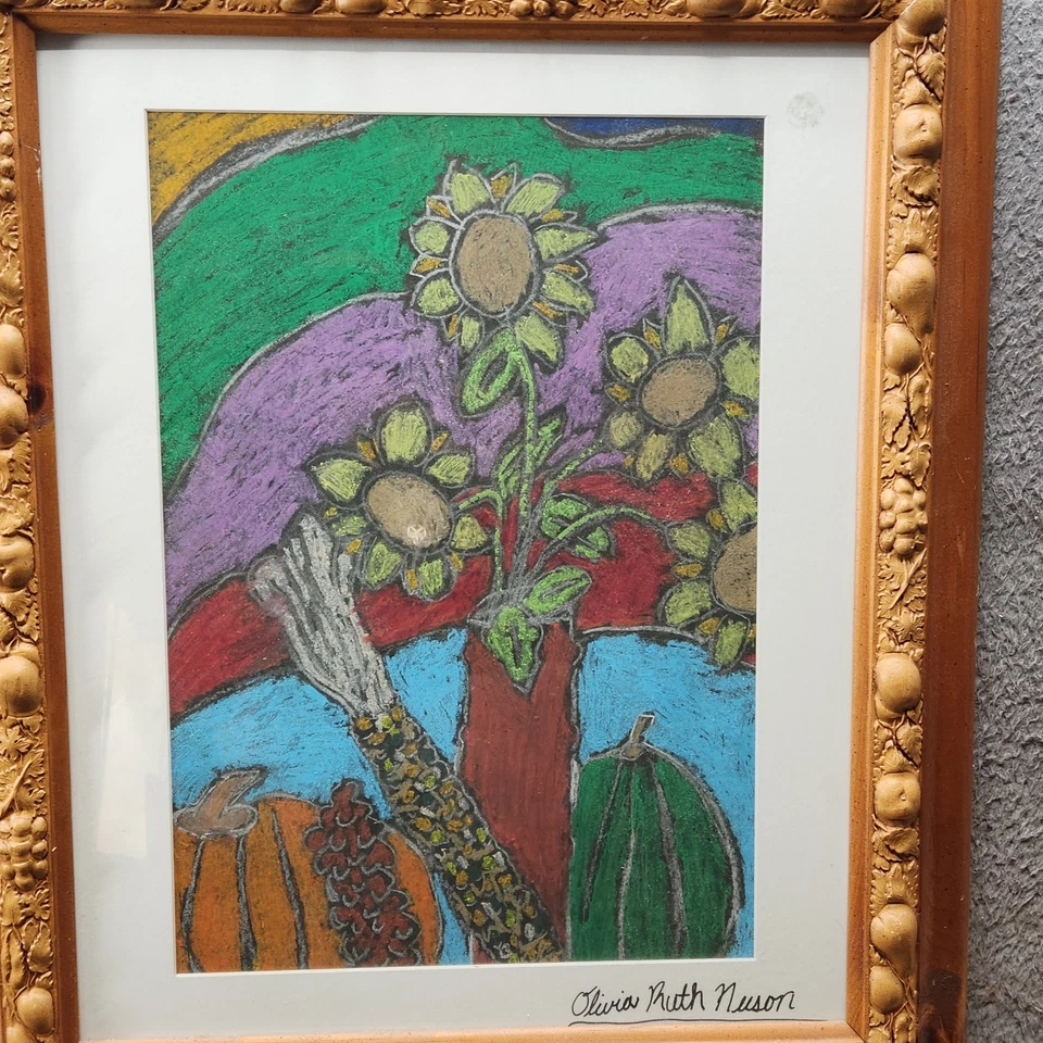Arte pastel vintage de girasoles bodegón firmado Olivia Ruth Neson obra de arte enmarcada Foto 3 de 4