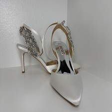 Badgley Mischka Blanca White Satin Crystal Embellished Slingback Heels Women 7.5
