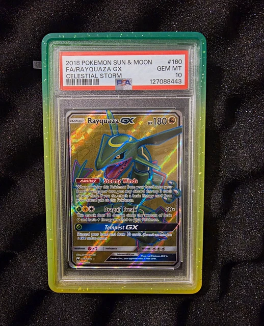 PSA10 Rayquaza GX 160/168 SM Celestial Storm Full Art Holo Secret Rare