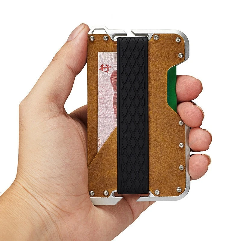 Carpeta de crédito de cuero para hombre titular de tarjeta de crédito bloqueo RFID delgada billetera EDC Foto 3 de 4