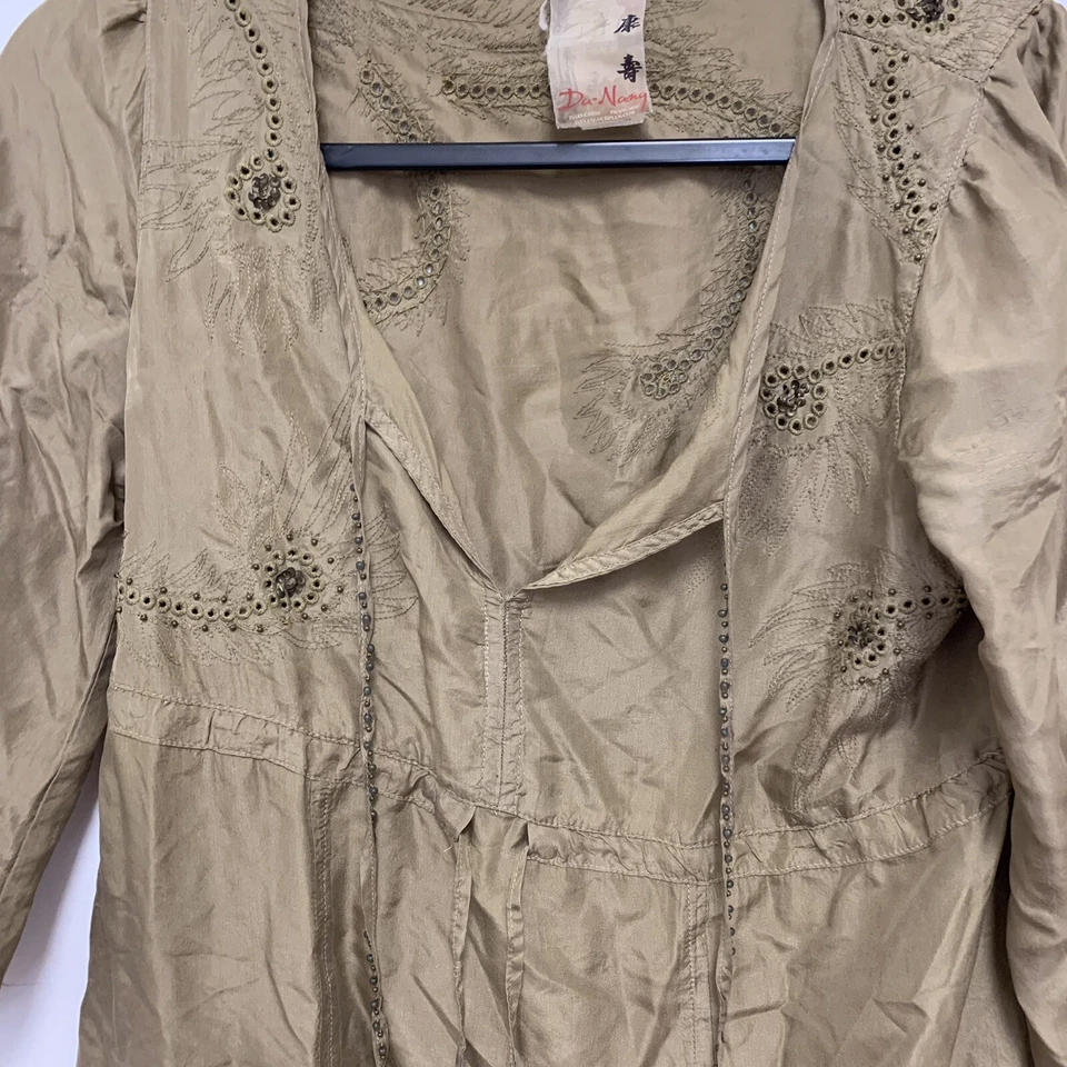 Camisa túnica Da-Nang Indo China 100 % seda corbata manga 3/4 verde militar talla pequeña Foto 3 de 4