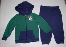 Toddler Boys 2 Piece Outfit GREEN HOODED SWEATJACKET Navy Pants 12 Mo SOCCER