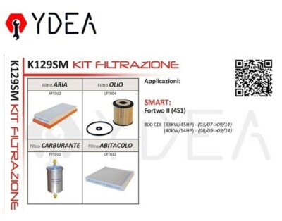 Smart Fortwo II (451) 800 CDI 33KW/45HP 40KW/54HP Filter Kit - Ydea K129SM 