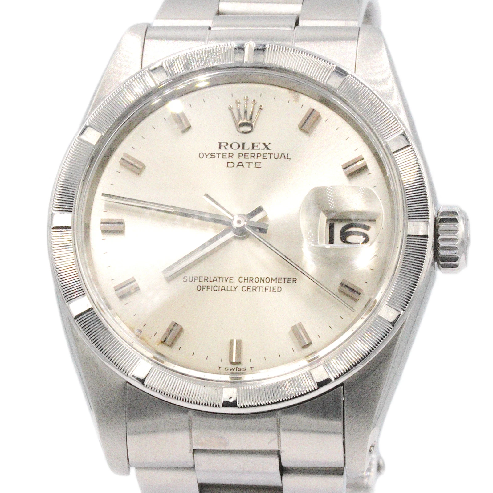 Rolex — Mens Rolex Date Stainless Steel Watch Engine-Turned Index Bezel Silver Dial 1501