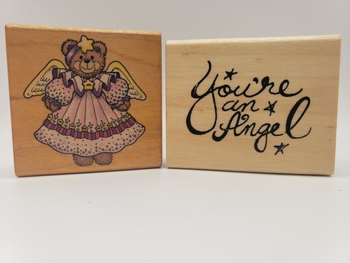 Set of 2 Angel Bear Wood Rubber Stamp You're an Angel Words - Picture 2 of 7