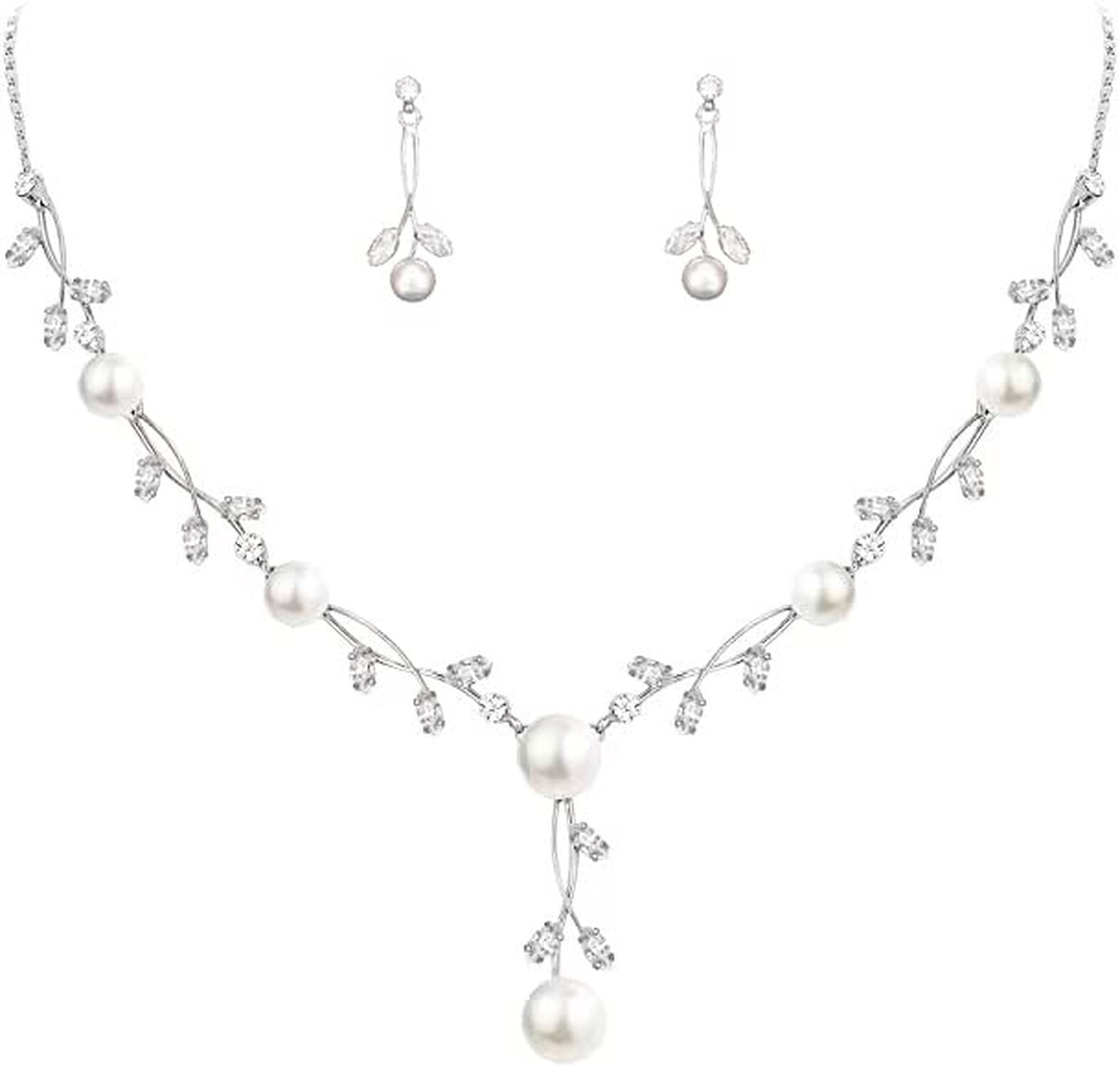 Luxury Cubic Zirconia Aurtrian Crystal Pearl Floral Necklace Dangle Earrings ...