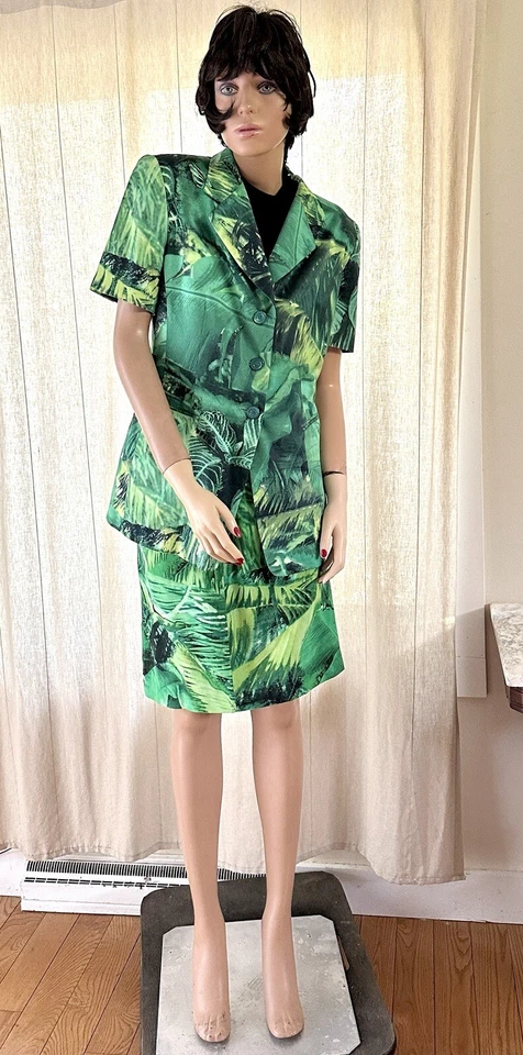 De colección. Años 80 ESCADA MARGARTHA LEY Verde Brillante Tropical Palma Traje Falda Chaqueta Foto 2 de 4