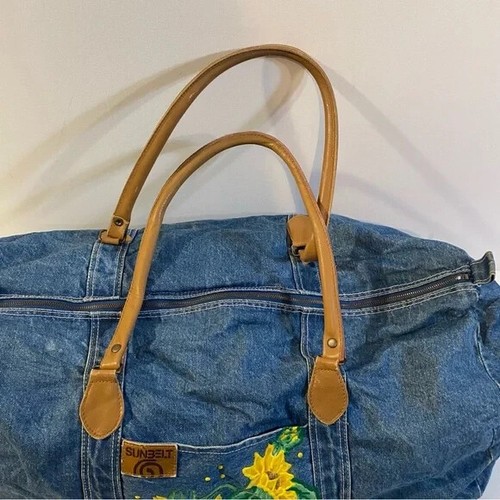 Sunbelt Large Denim Duffle Bag w/ Embroidered Sunflowers On Front Pocket - Picture 3 of 12